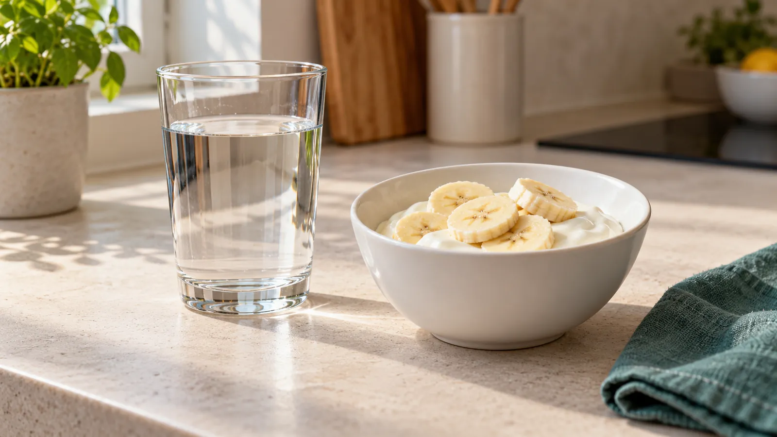 Woda, jogurt i banan na blacie kuchennym