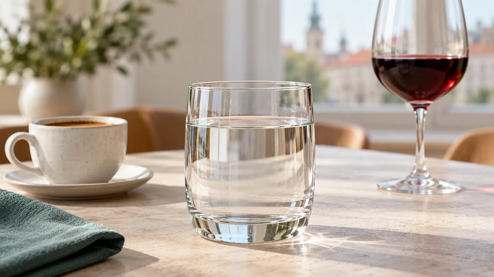 Kawa i wino odsunięte, na pierwszym planie woda