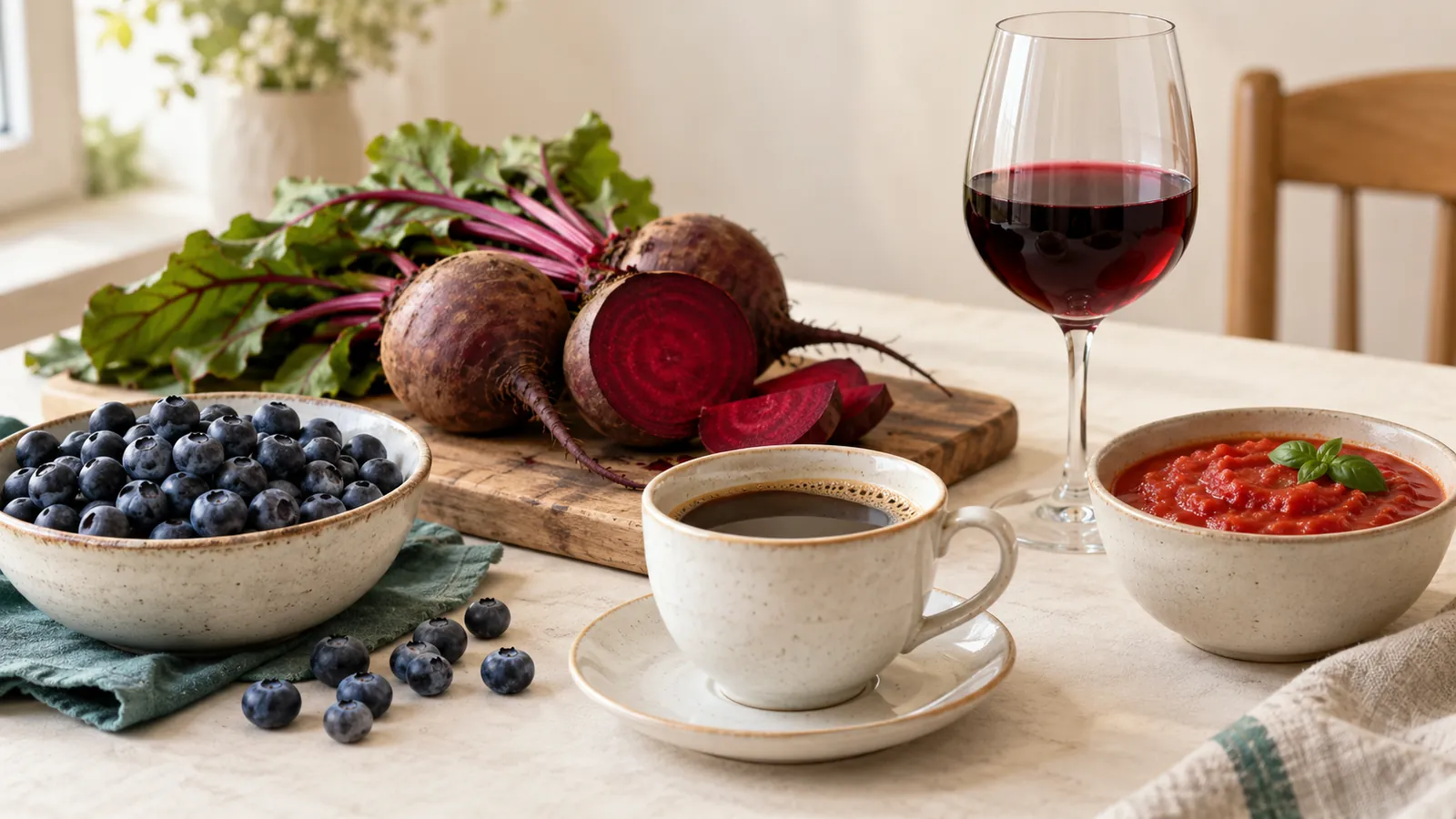 Produkty barwiące zęby: jagody, buraki, kawa i wino