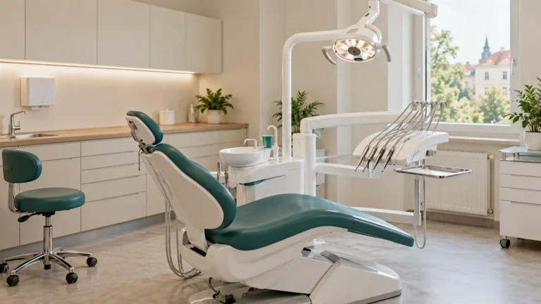 Pusty fotel dentystyczny w jasnym gabinecie stomatologicznym