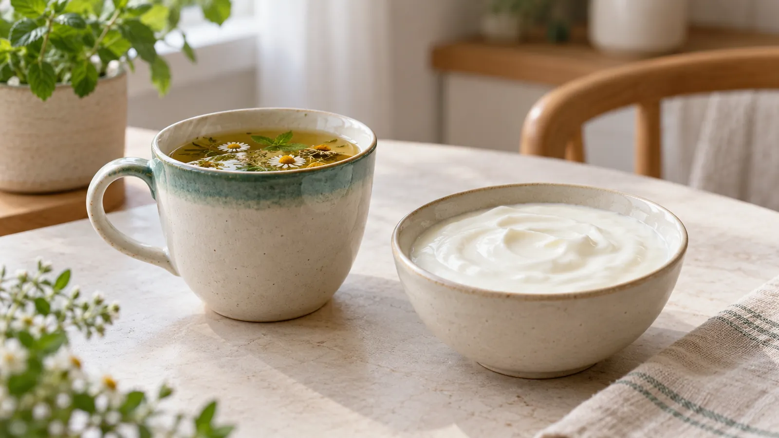 Letni napój i jogurt naturalny jako łagodne jedzenie